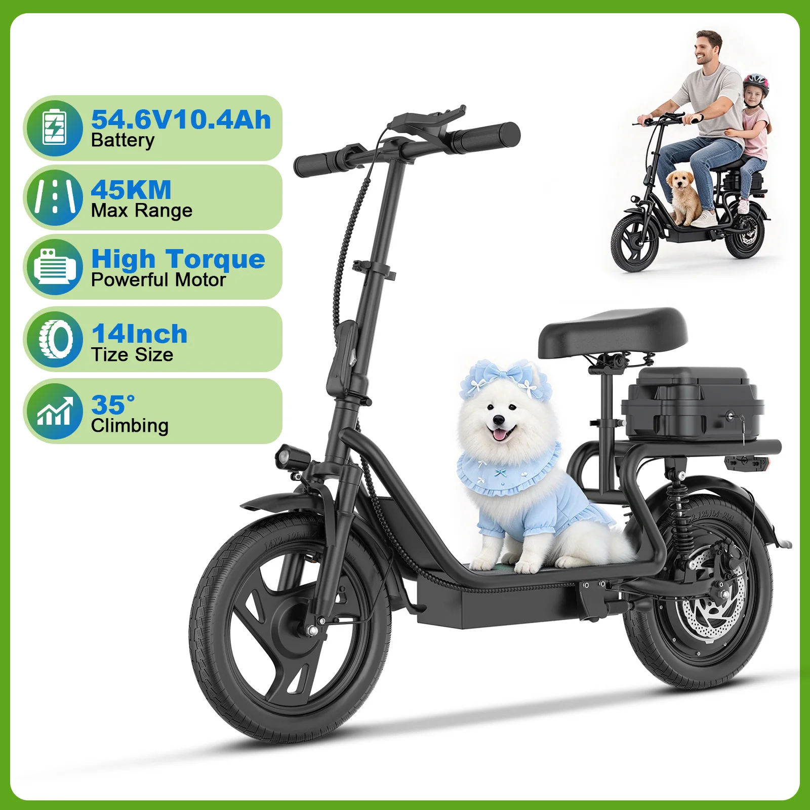 JUICEASE EP2 PRO elektrische fiets voor volwassenen, 54,6V 22,5Ah batterij met hoge capaciteit, 100 km actieradius, 14 inch, dubbele vering, 35 ° Elektrische scooter voor woon-werkverkeer met