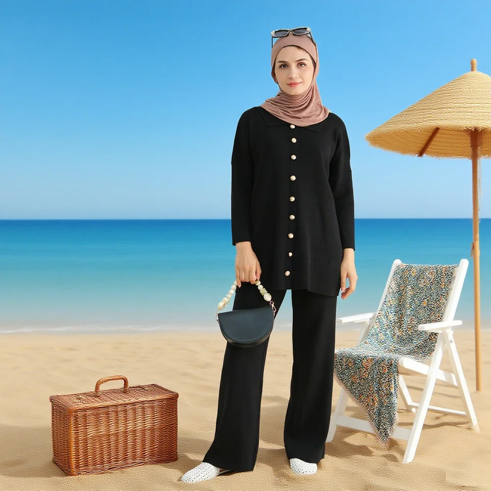 

Новые мусульманские комплекты, вязаный свитер, широкие брюки, костюм для женщин, осень/зима, свободный модный комплект из двух предметов, исламская одежда, повседневная одежда