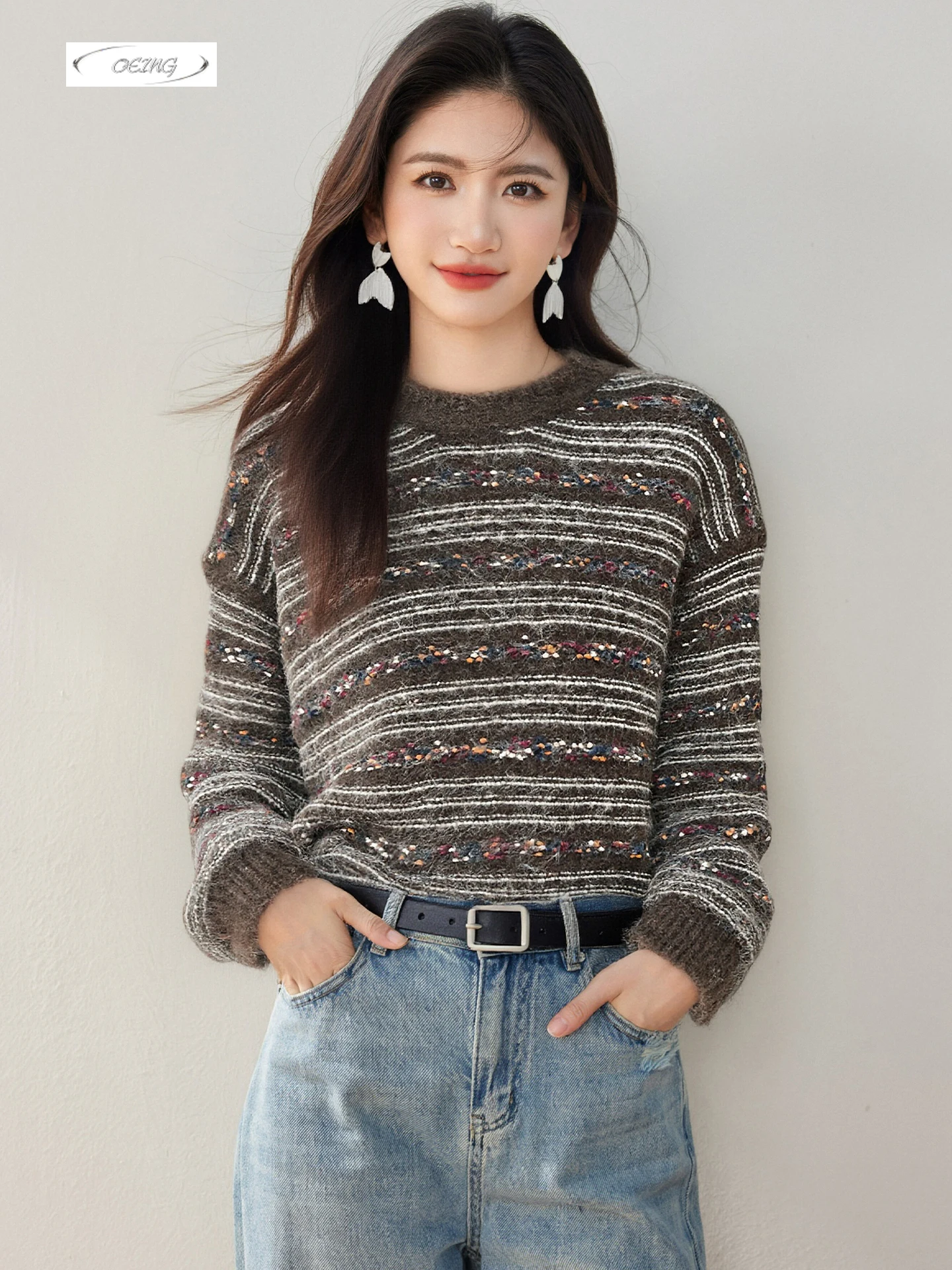 

Fashion Stripe Sweater for Woman Long Sleeve O-neck Loose Korean Style Knitted Pullovers Lady Tops Bottoming Shirt Knitwear 8619