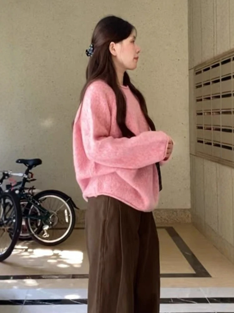 Pull rond rose Ne pour femme, ample, paresseux, haut tricoté, haut de gamme, automne hiver, décontracté, confortable