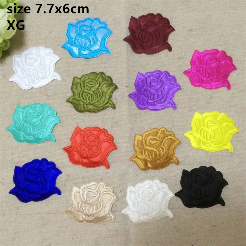 Free Shipping 14 Pcs Mixed Colors 7.7x6cm Medium Size Rose Flowers Embroidered Iron On Patch Sew On Hotfix Applique XG Accessory