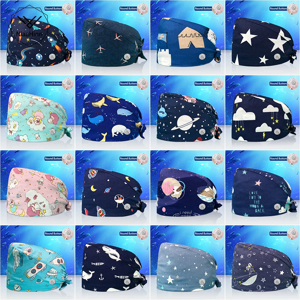 Dentist Operating Room Work Cap Casual Unisex Doctor Surgical Elastic Printed Cotton Nurse Scrubs Caps Pet Clinic Medical Hats
