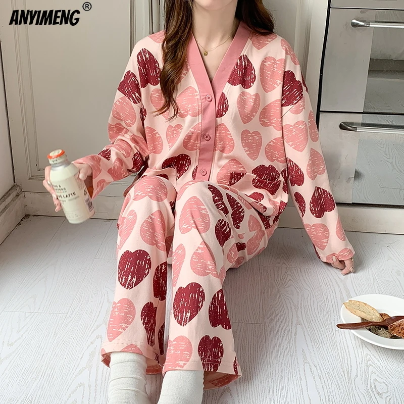 

Spring Autumn New Kimono Women Pajamas Set Faux Cotton Long Sleeves Korean Sleepwear for Girl Casual Nightwear Cadigan Homsuits