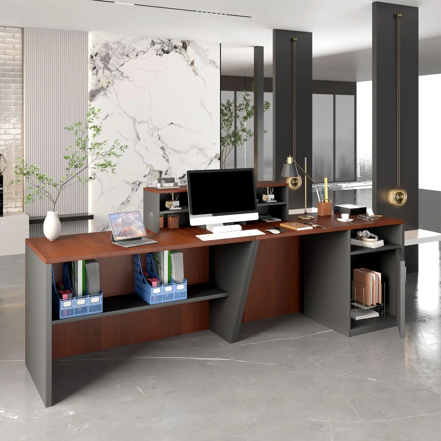 

Стойка регистрации со стойкой, L-образная современная стойка регистрации, столы для приемной комнаты с усиленными хранилищами и шкафчиками, простота, по индивидуальному заказу