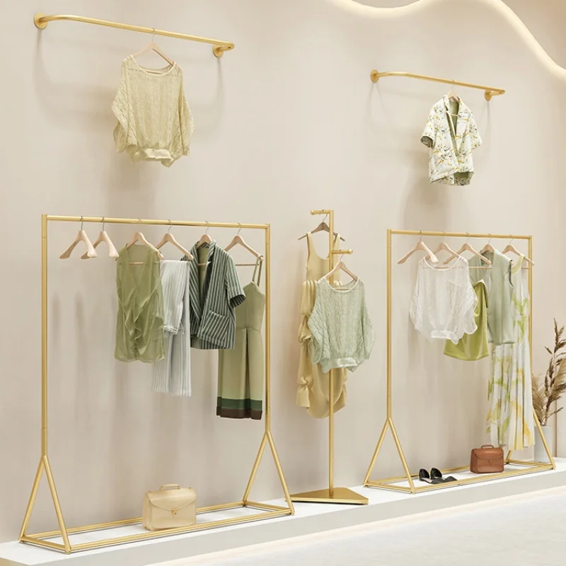 Custom, Fashion Boutique Gold Garment Wall Mounted Hanging Shelves Clothes Shop Furniture Metal Clothing Display Racks Shelf