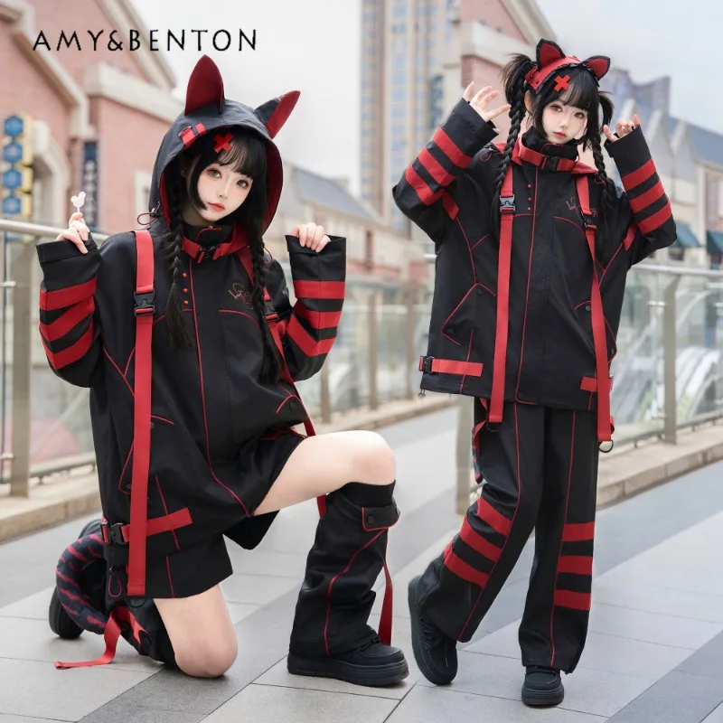 Original Mine Series Rabbit Ears Hooded Outdoor Jacket Splicing Color Pants Two-piece Set Japanese Subculture Gothic Outfits