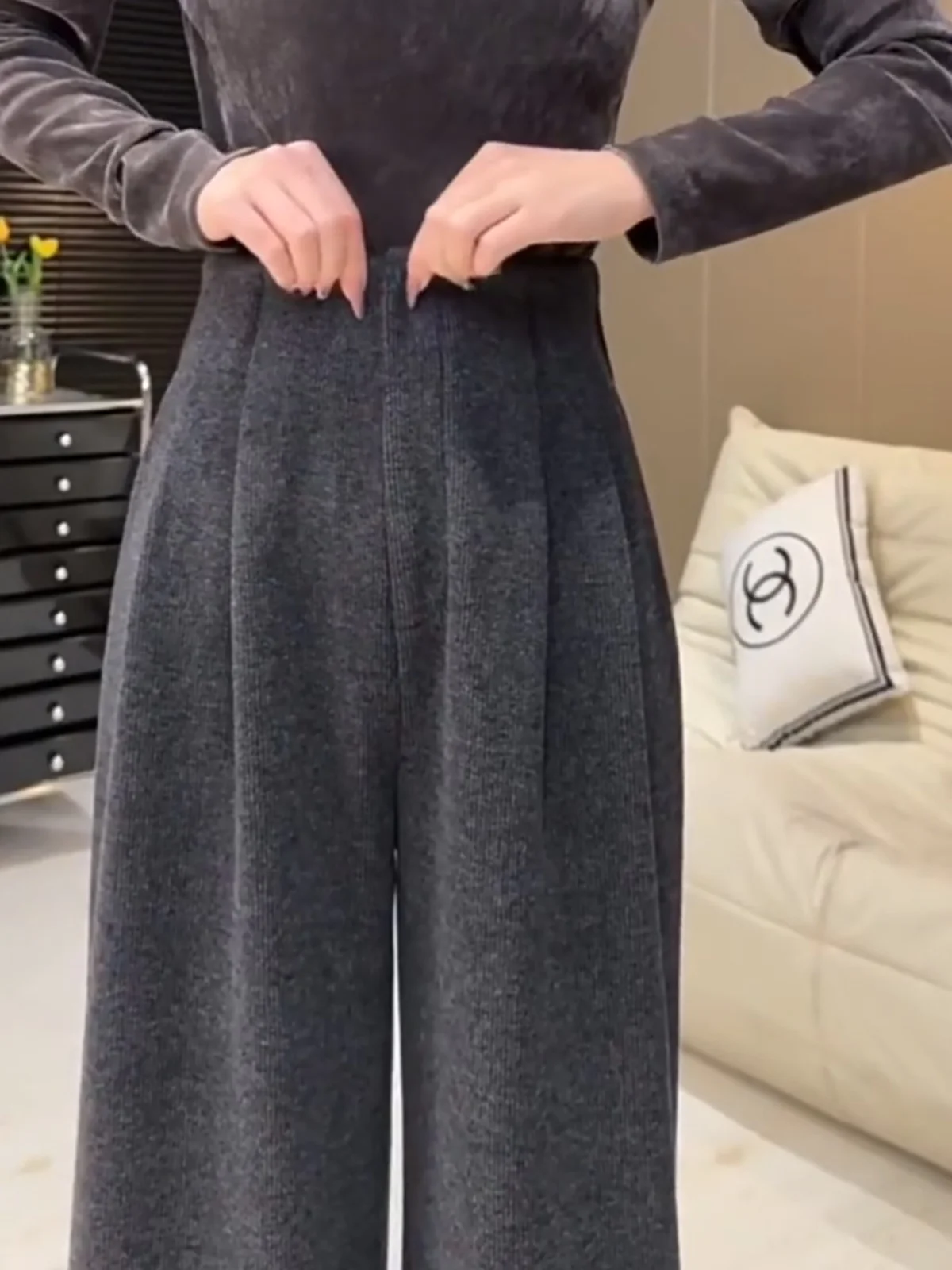 Deep Grey Thickened High Waist Wide Leg Casual Pants Women's Autumn Winter New Style Slimming Narrow Version Korean Style