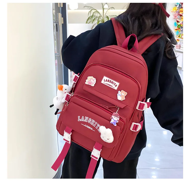 5-teiliges Set mit kostenlosen Anhängern im Waldstil, koreanische Version, lässiger Harajuku-Studentenrucksack für Mädchen mit großer Kapazität – Detail 12