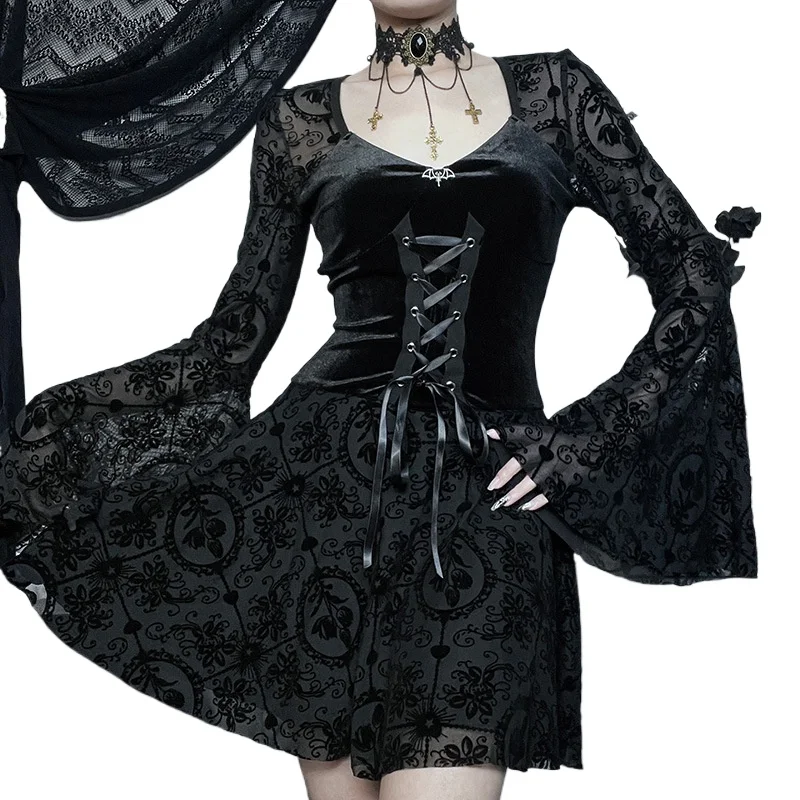 

Summer New Fashion Temperament Elegant Slim Dress, Retro Dark Flocking Long-sleeved Dress Women Cw81492