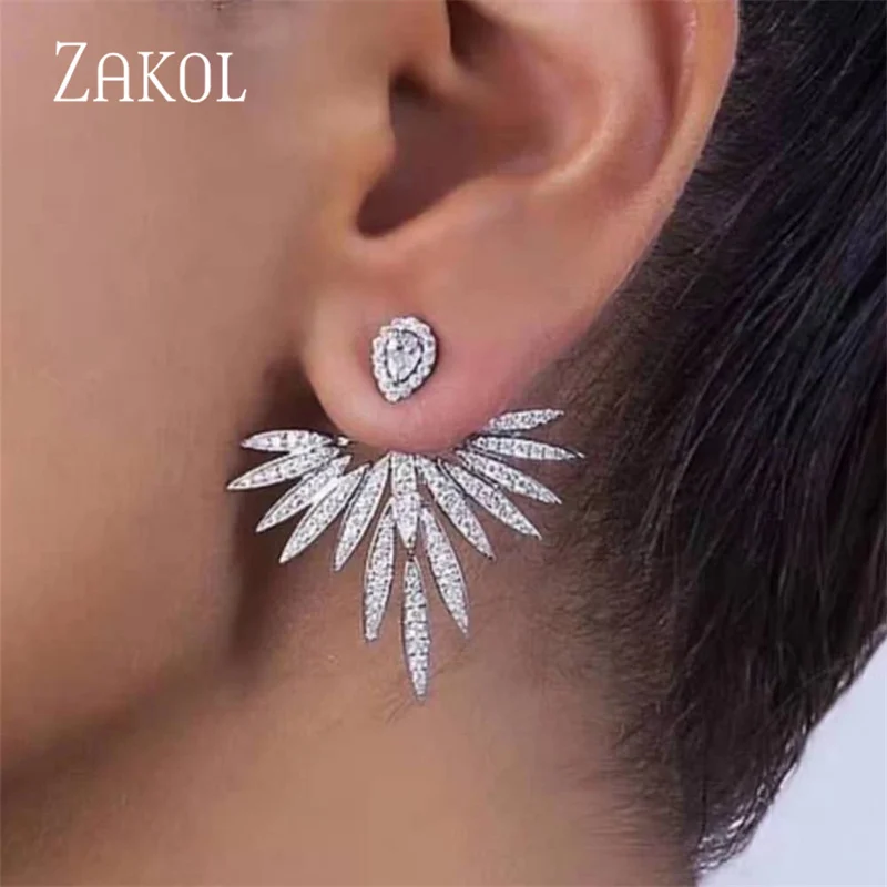 ZAKOL Elegant Feather Shape Gold Color High Quality Cubic Zirconia Jewelry Party Stud Earrings for Women