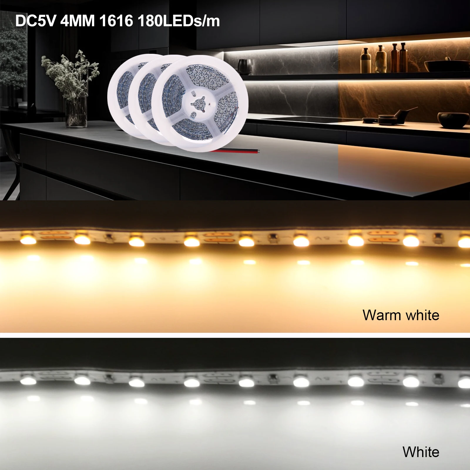 DC 5V 4mm Width LED Strip 1616 180LEDs/m Super Bright 3 LED Per Cut Flexible Tape IP20 No Waterproof Warm/Cool White 1M 2M 4M 5M