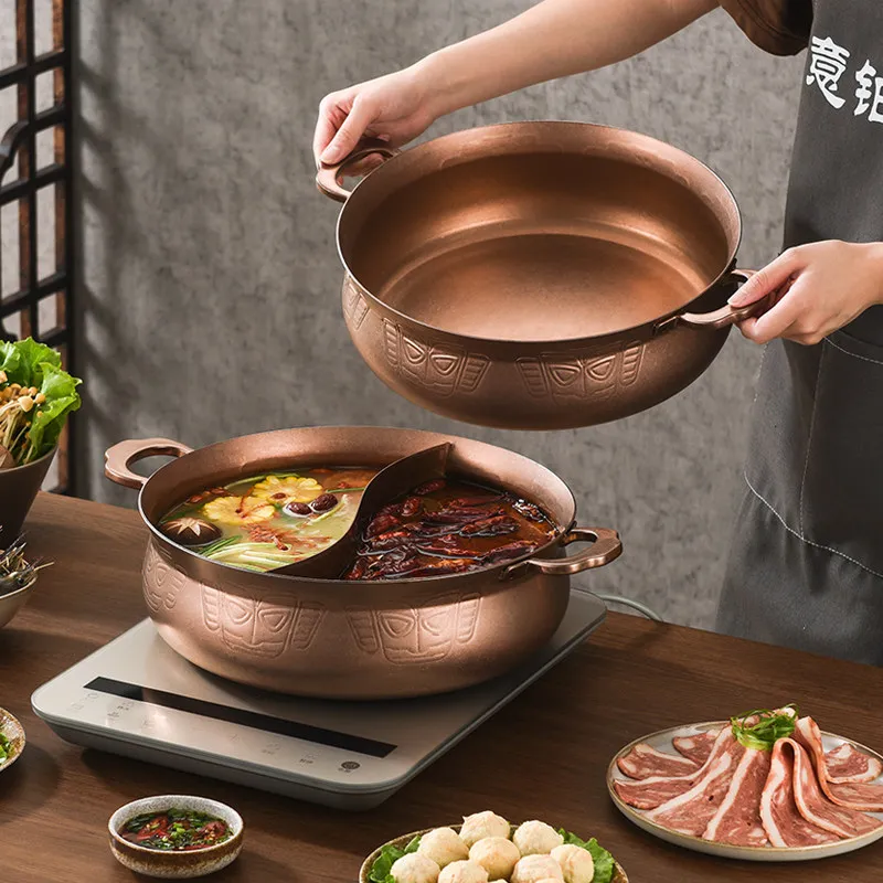 Retro Golden Hot Pot with Open Flame Flat Bottomed Double Ear Single Pot Stainless Steel Hotpots Basin Cooking Pot Chafing Dish