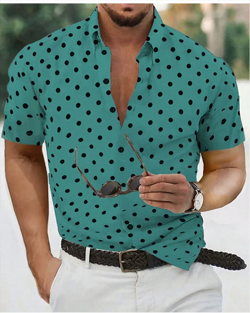 Men\'s shirt Summer beach shirt black and white short-sleeved polka dot lapel holiday wear fashion casual comfortable clothing to