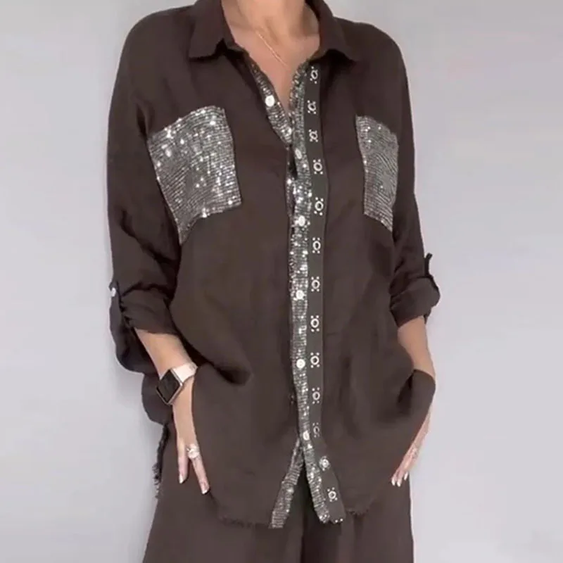 Casual Sequin Patch 2 Piece Outfit Ladies Turn‑Down Collar Frayed Button‑Up Shirt & Wide Leg Pants Set Daily Holiday Street Suit