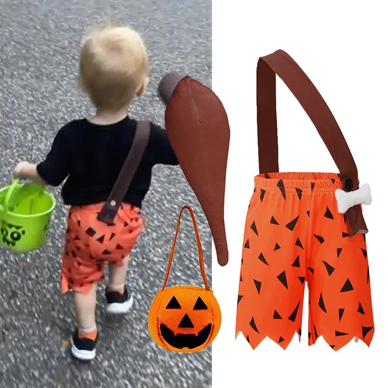 Kids Caveman Halloween Costume Toddler Primitive Stone Age Outfit Set Bone Headband Holiday Party Cosplay Fancy Dress