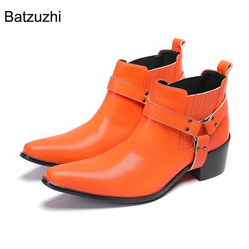 

Batzuzhi 6.5cm Heels High Men Boots Orange Cowboy Leather Boots for Men Buckle Pointed Toe Fashion Party, Business Boots Man