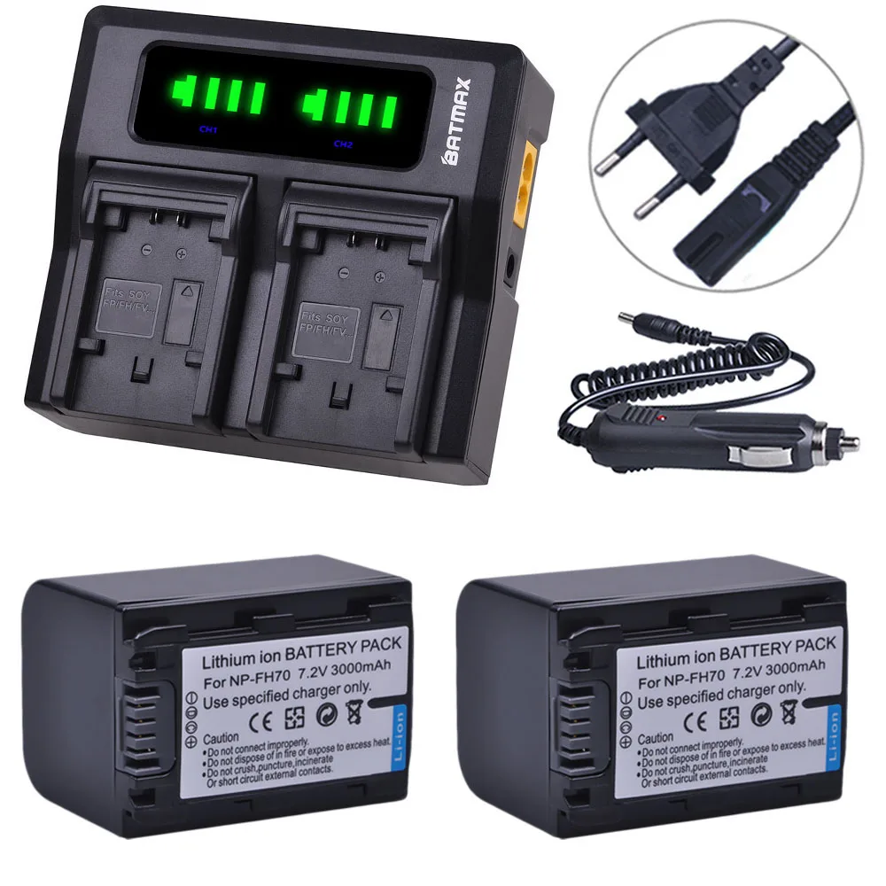 Batmax 2pc 3000mAh NP-FH70 NP FH70 battery+LED Rapid Dual Charger for sony NP-FH30 NP-FH100 NP-FH50 HDR-CX12E,HDR-CX7E,HDR-SR10E