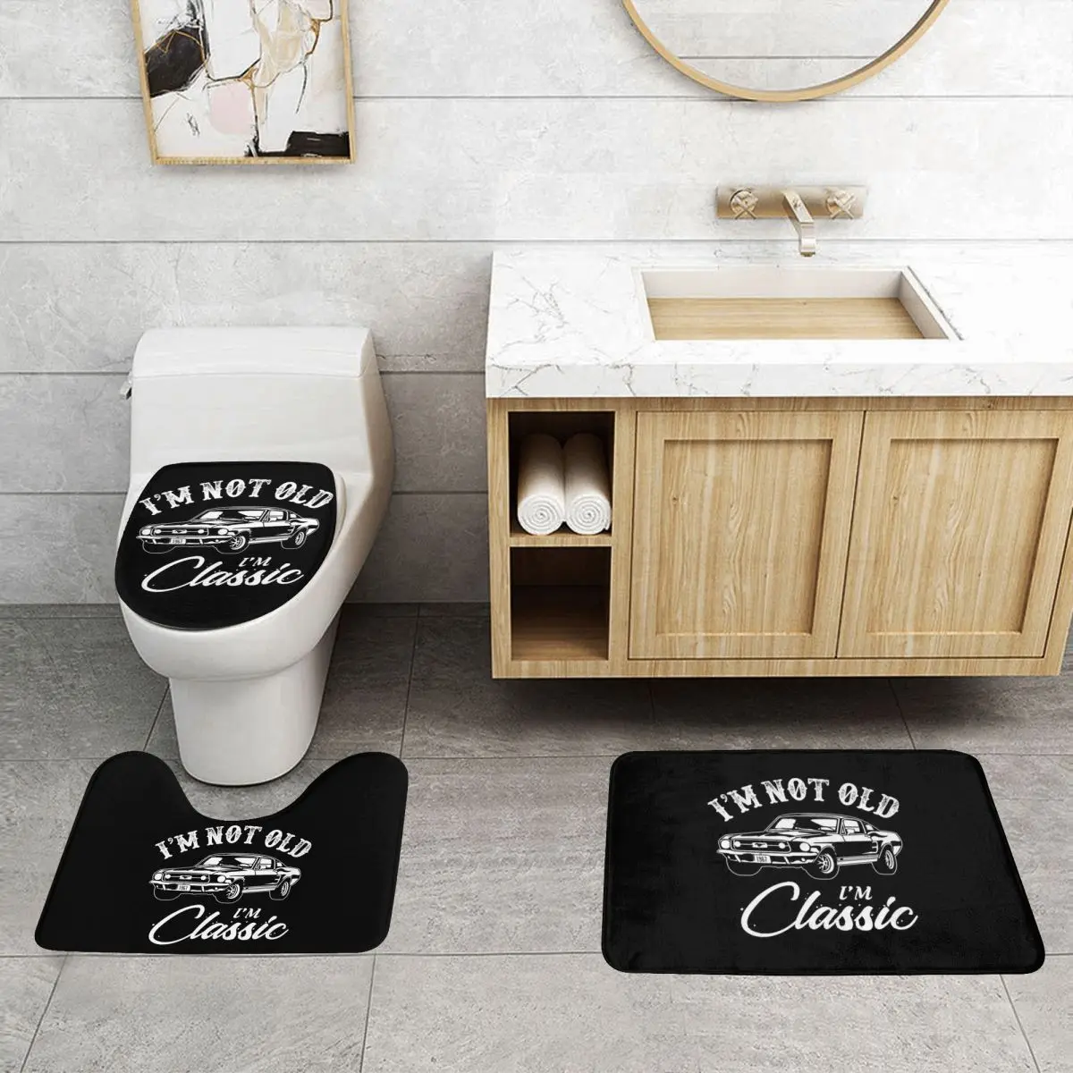 

Классический автомобильный Mustang, 3-х предметный коврик для ванной, набор для ванной комнаты, крышка для унитаза, домашний декор, нескользящий ковер, напольный коврик