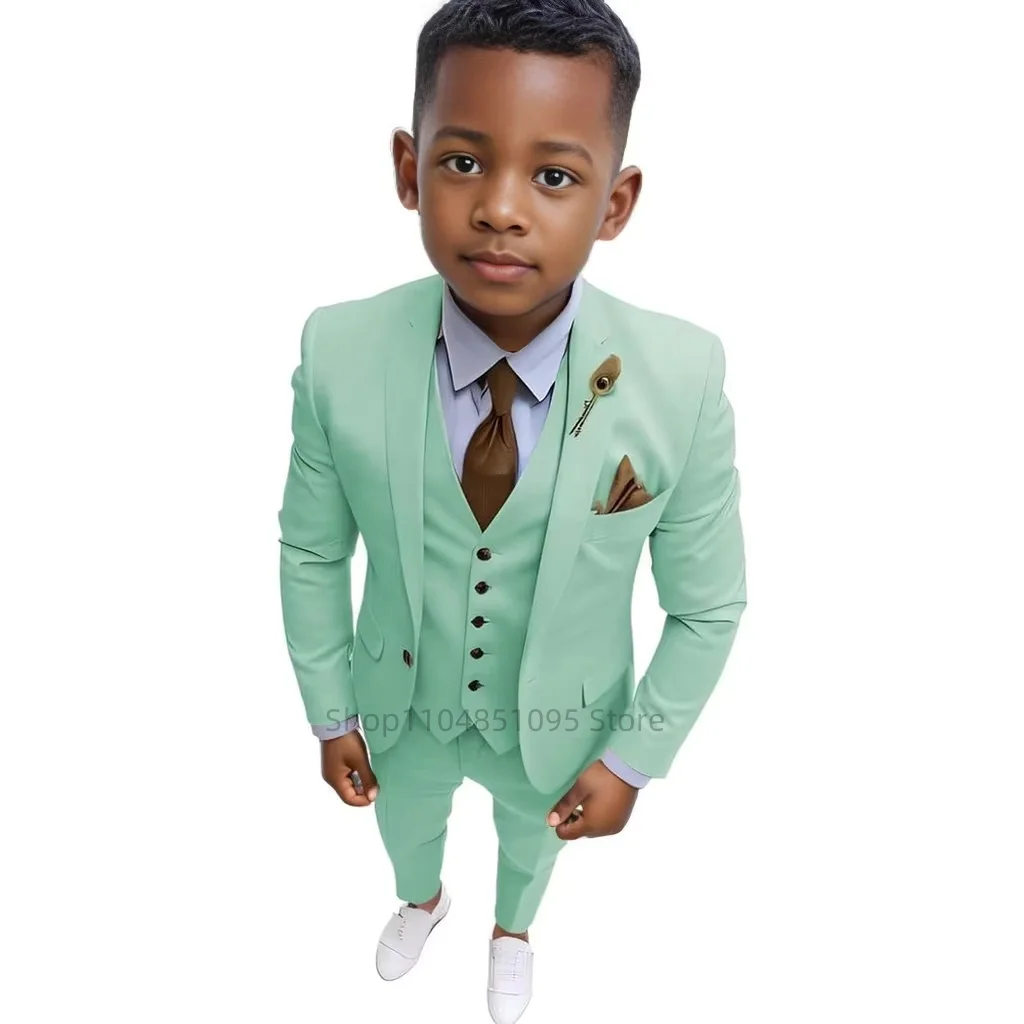 New Solid Boys Suits 3 Pieces Jacket Vest Pants For Birthday Party Notch Lapel Blazer Vest Pants Child Tuxedo Wedding Guest Suit