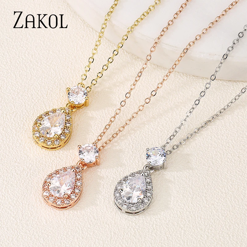 ZAKOL Luxury Geometric Water Drop Cubic Zirconia Jewelry Sets for Women Exquisite Engagement Jewelry Wedding Jewellery Set