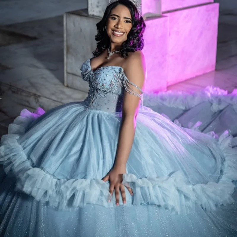 

Shiny sky blue Quinceanera Dress glitter crystal Decal Long tail Lace ruffle layering Vestidos De 15 Quinceanera ﻿Customize