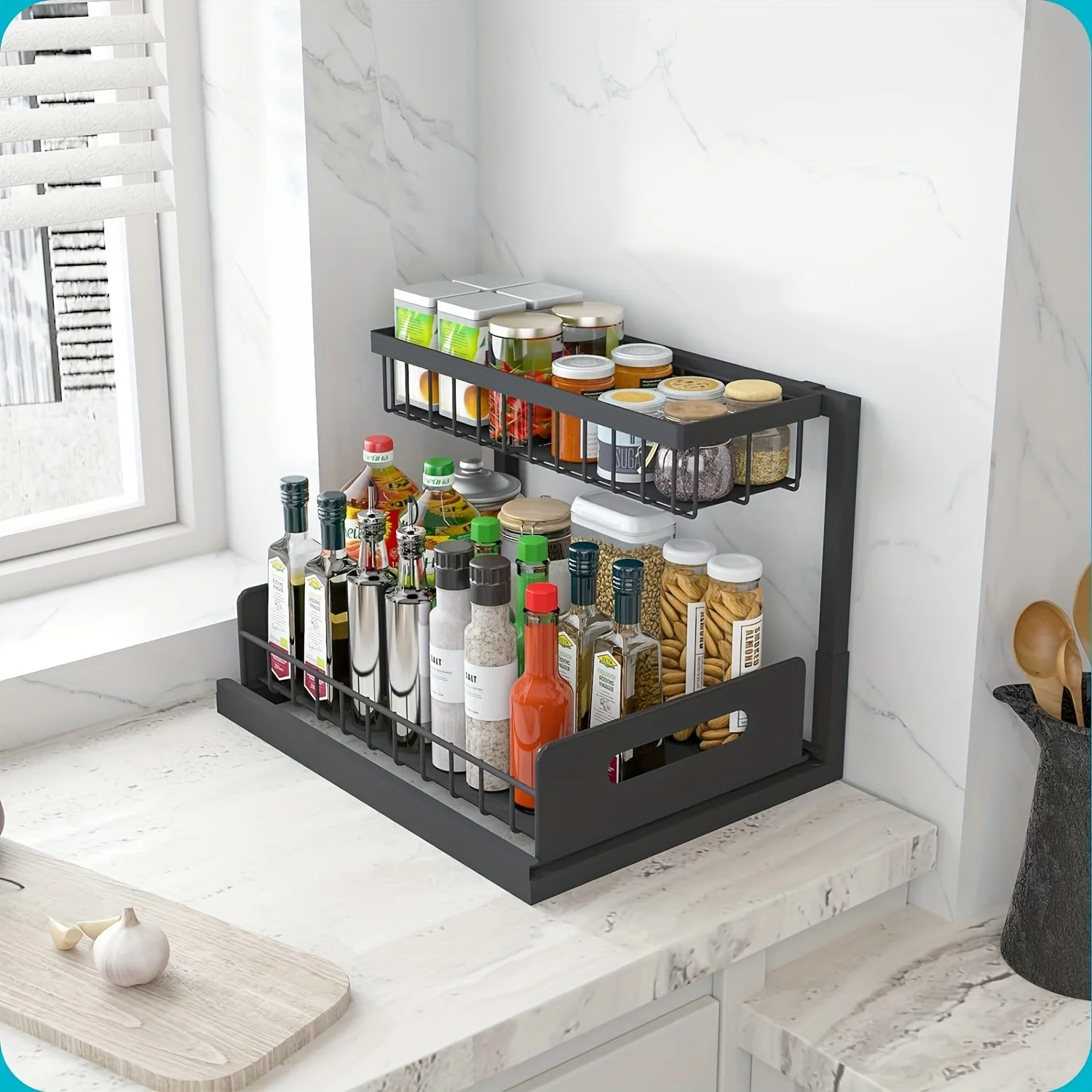 2 Tier Pull Out Storage Rack Cabinet Organizer With Sliding Drawer Storage Wire Basket For Kitchen Under Sink and Bathroom