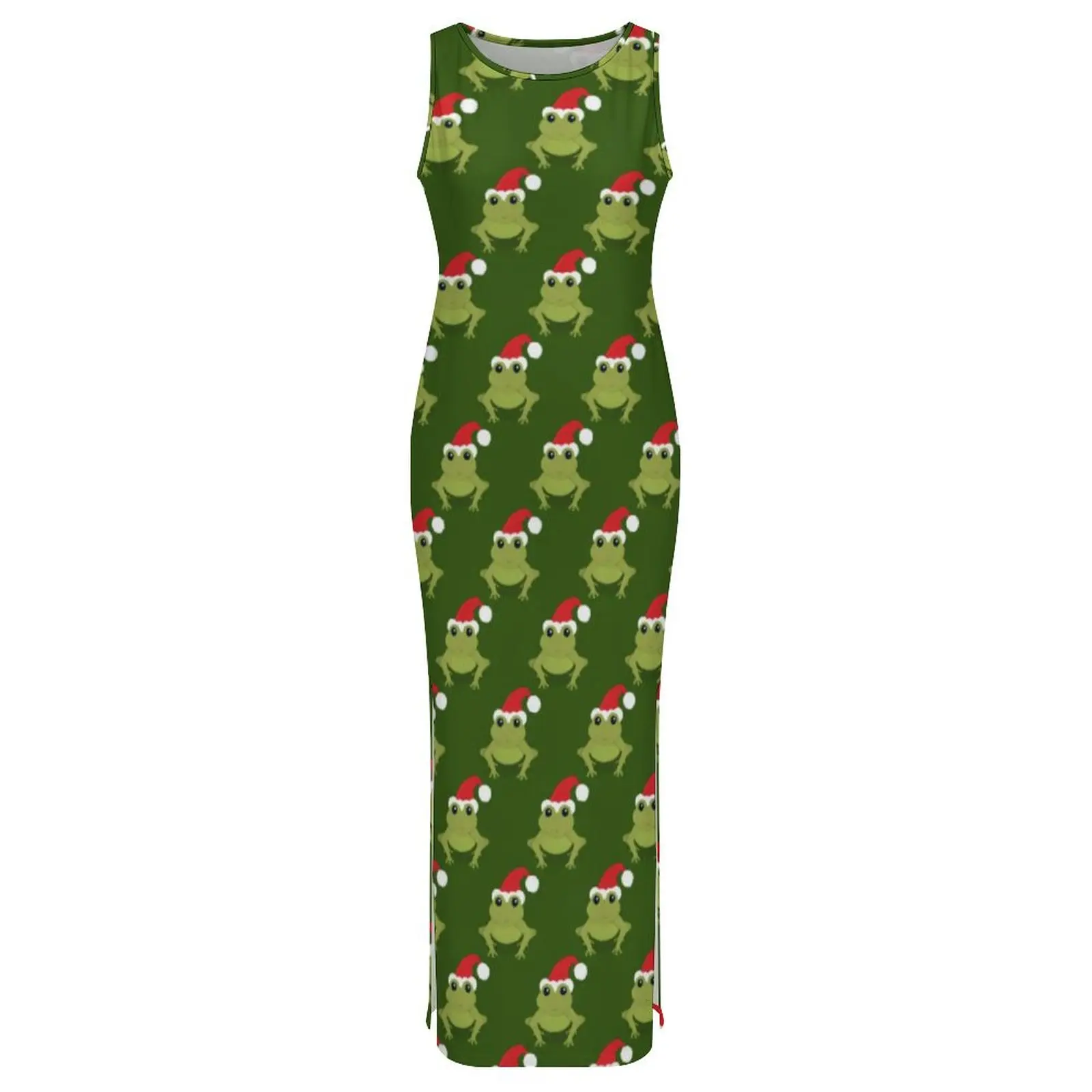 Womens Bodycon Dress Elegant Frog Santa Hat Maxi Dresses Summer Green Christmas Sleeveless Street Wear Graphic Dress Big Size