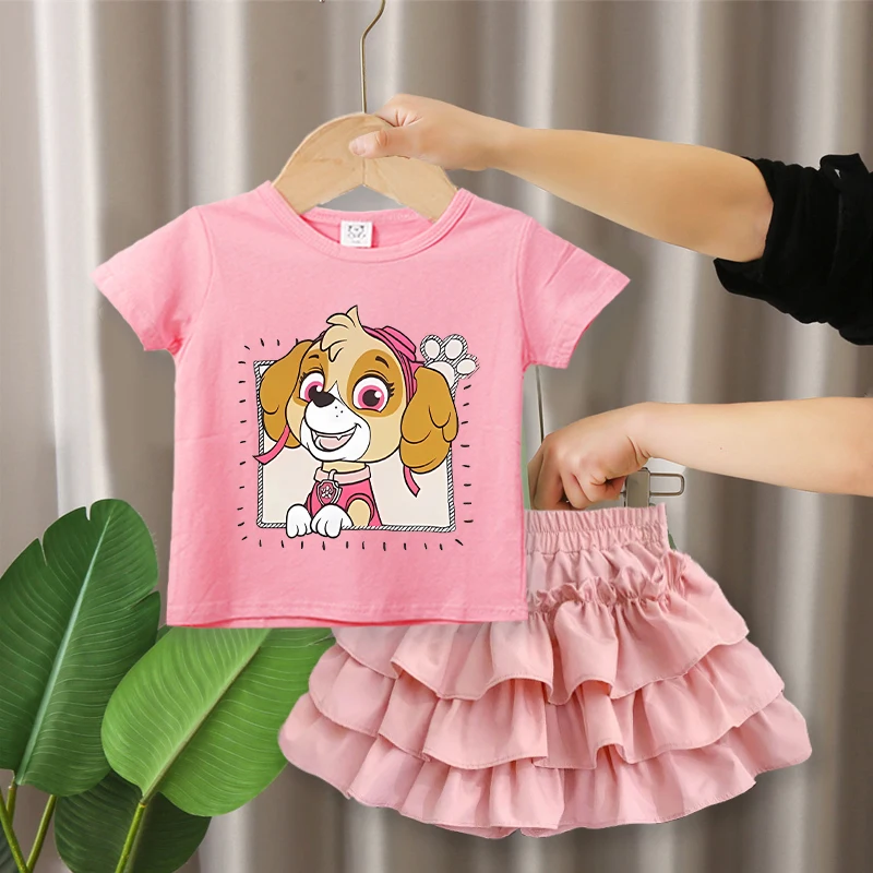 Conjunto de Ropa Infantil de 2 Piezas de Patrulla Canina para Niña: Camiseta con Estampado de Patas y Falda con Volantes, Lindos Diseños de Skye y Everest, Vestido de Manga Corta para Niñas Pequeñas