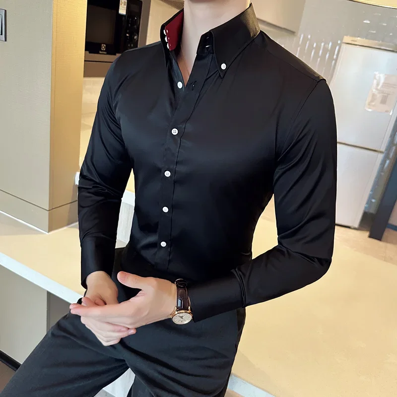 Korean Fashion Button Decorative Shirt Men Solid Color Long Sleeve Business Slim Casual Shirts Formal Office Social Party Top