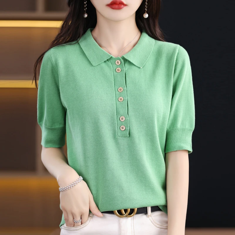 2023 Summer New 100% Cotton Casual Pullover T-shirt Loose Versatile Knitted Top Fashion Polo Collar Solid Short Sleeve Shirt