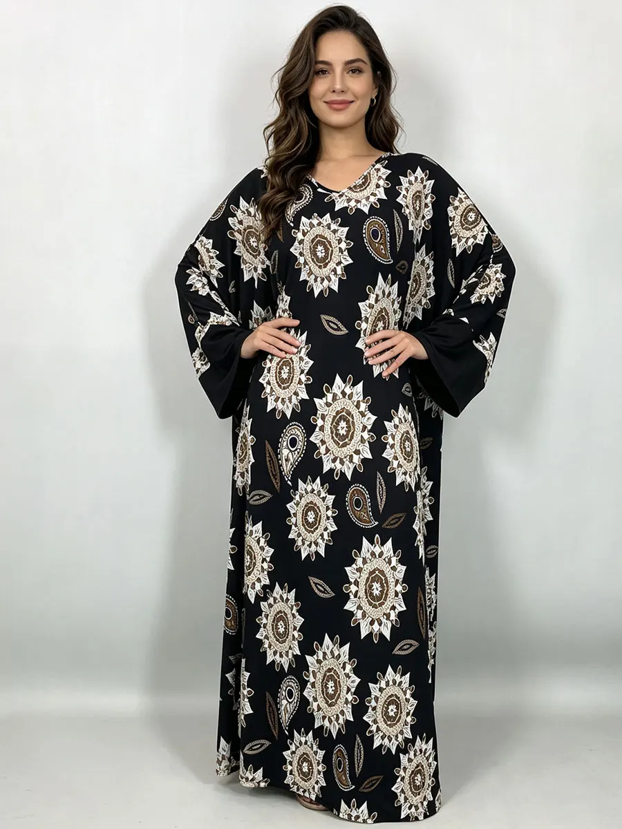 Plus Size Maxi Dress for Women Black Boho Mandala Paisley Print V Neck Batwing Long Sleeve Long Dress Casual Floor Length Robe