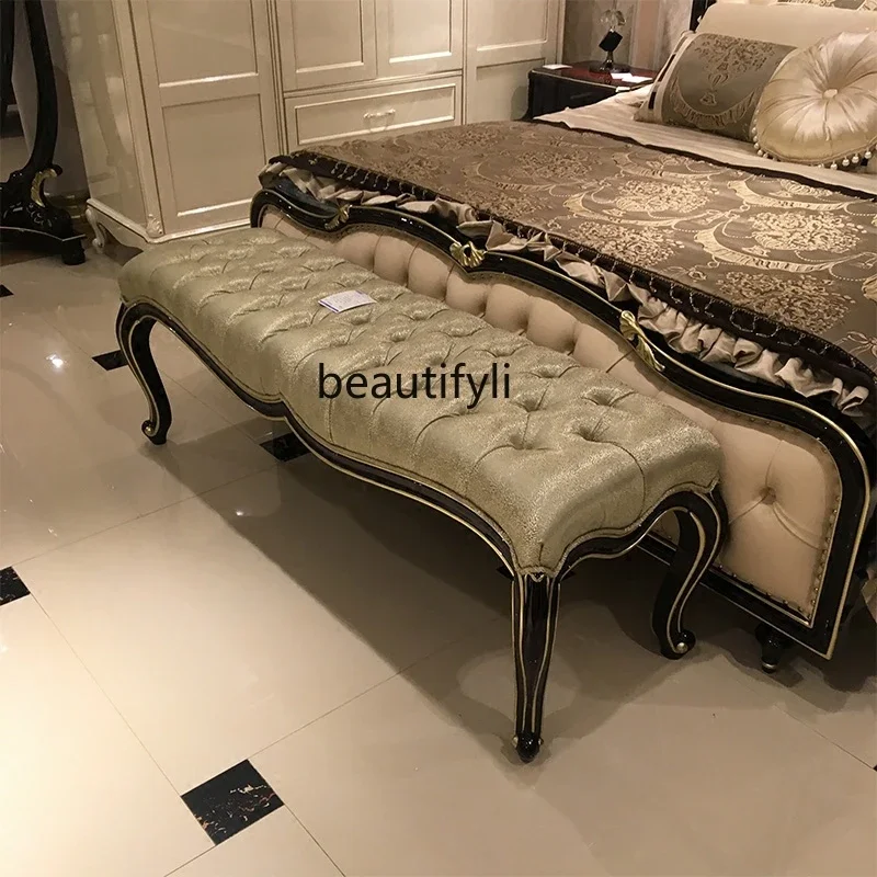 

European leather bedside stool neoclassical luxury solid wood carving flower, first layer cowhide shoe changing stool R