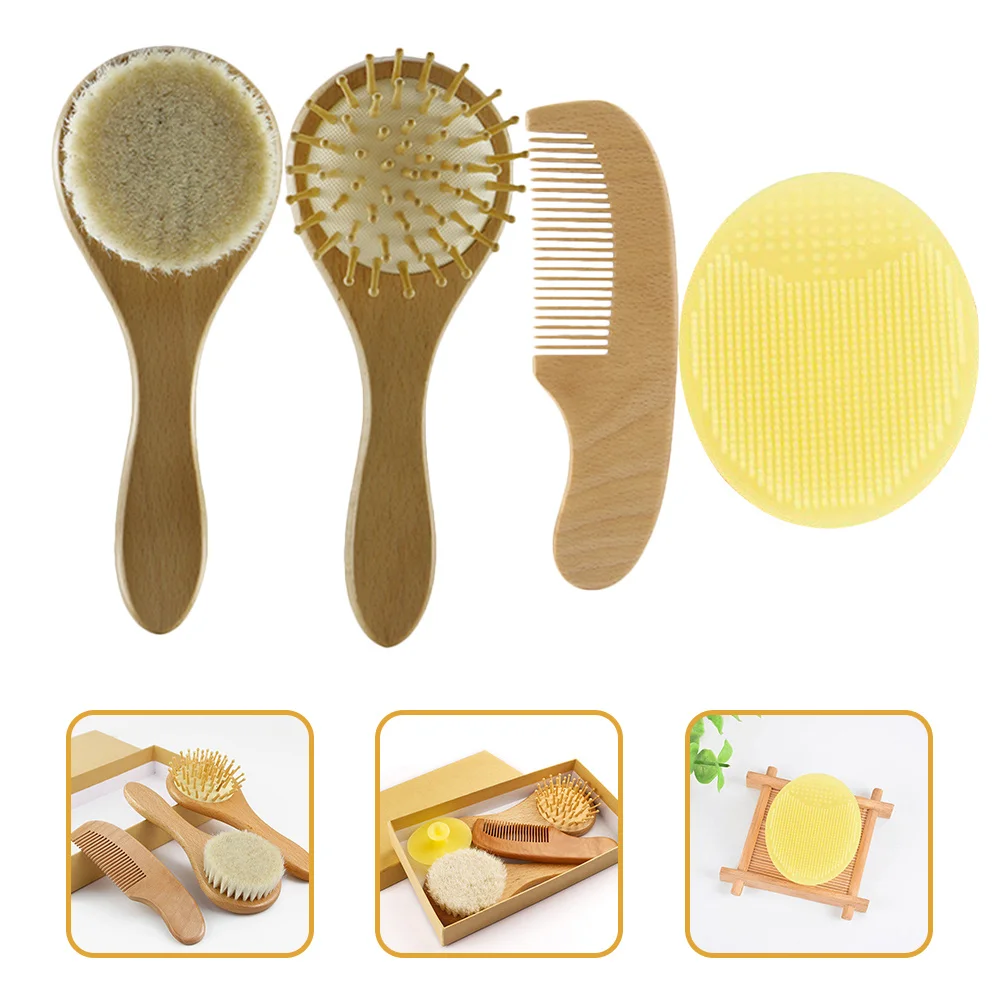 

1Set Brush Set Natural Sheep Wool Comb Silicone Bath Scrubber Newborn Scalp Massage Oil Distribution