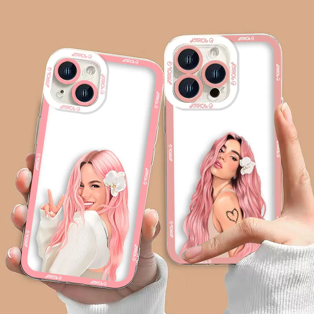 K-Karol G B-Bichota With Pink Hair in Heart Cover Clear Phone Case For iPhone Apple 15 14 12 13 11 Pro 8 7 Plus X XR XS Max Case