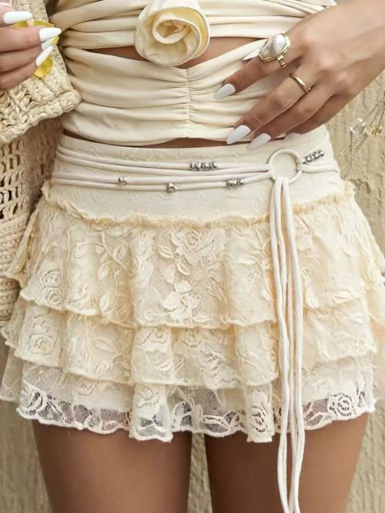 Mini Skirts Women Sweet Kawaii Lace Ruffles Patchwork Y2k Beige Japanese Lolita Streetwear All-match Party Students Summer Chic