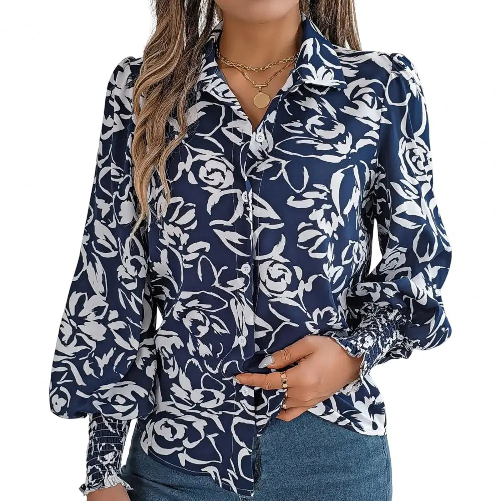 Camisa de manga lanterna feminina com padrão floral, camisa feminina, fechamento single breasted, streetwear versátil para senhoras