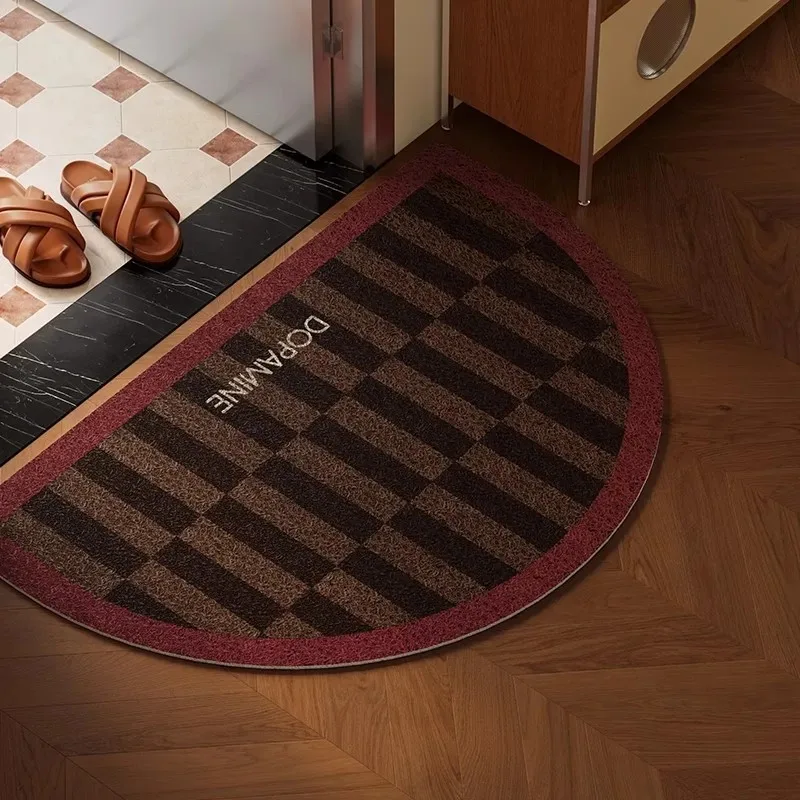 Retro Plaid Semicircle Doormat PVC Wire Loop Anti-slip Cuttable Washable Dirt Entrance Rug Entryway Floor Mat