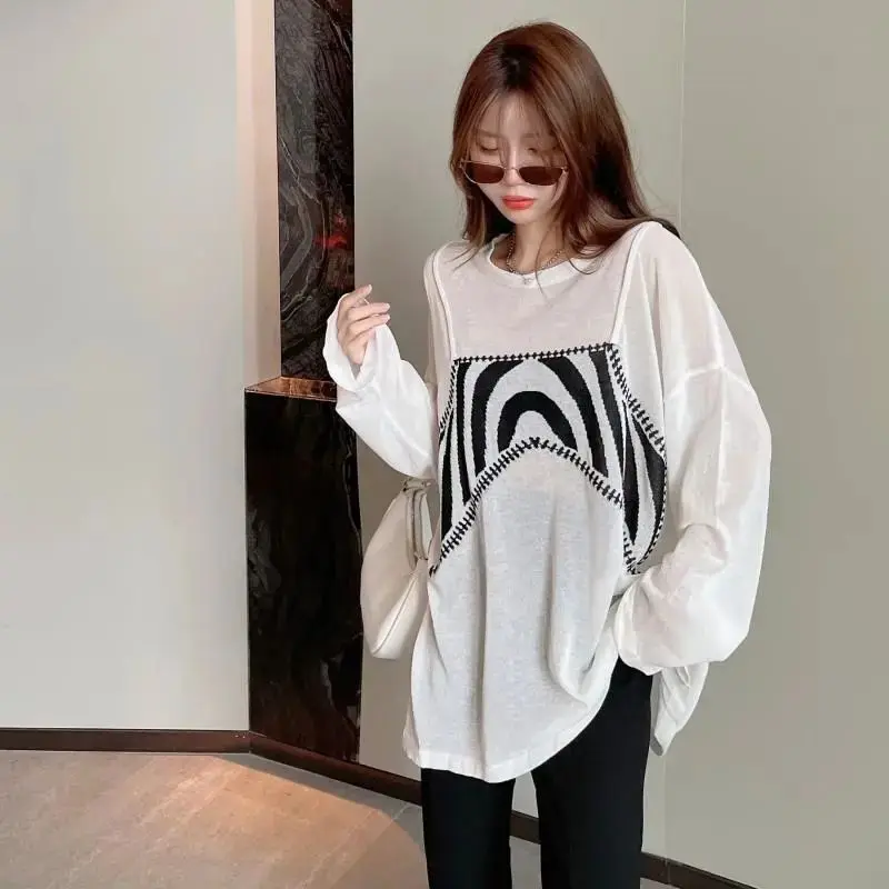 Large Size Sunscreen Shirt for Women with Fake Two-piece Long-sleeved T-shirt Loose and Slim Versatile Top