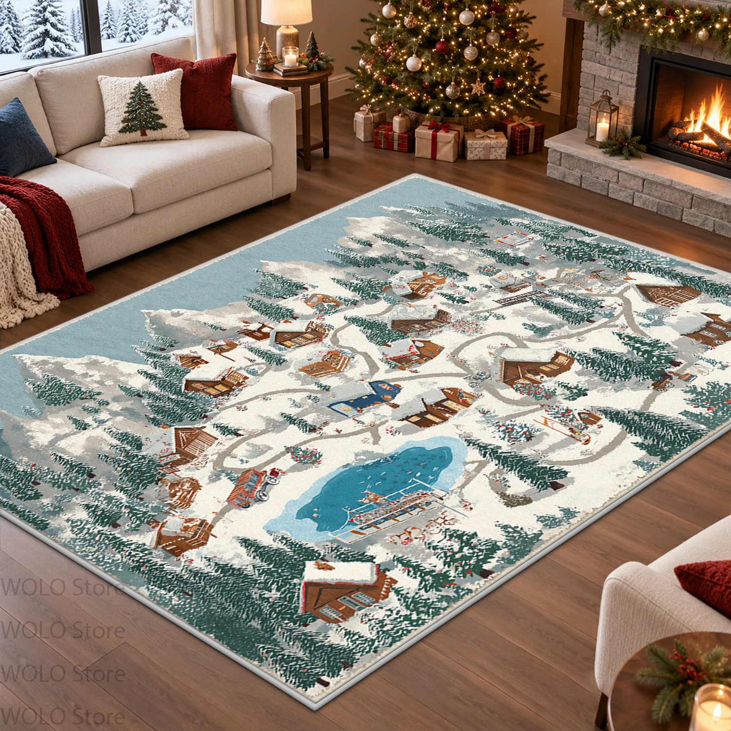 Christmas Floral Wreath Large Area Fluffy Rug Winter Snow Village Scene Non-slip Washable Floor Mat for Living Room Home Decor