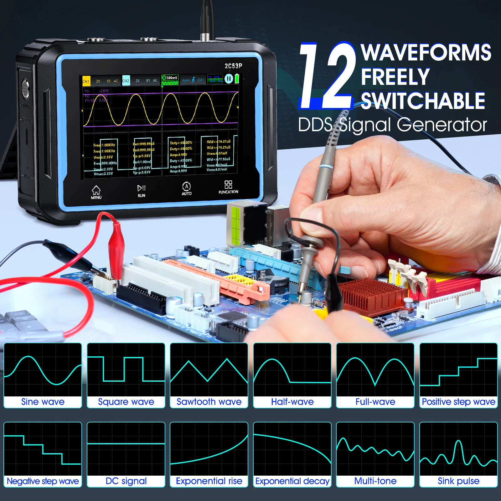 FNIRSI 2C53P Handheld Tablet Oscilloscope Multimeter DDS Signal Generator 3 in 1, 2CH Automotive Oscilloscope Multimeters