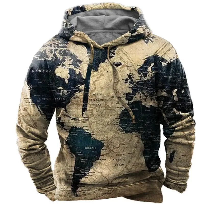 Vintage Hoodies Mens Hooded Sweatshirts Nautical Print Pullover Winter Loose Harajuku Clothes Casual Long Sleeve Streetwear Tops