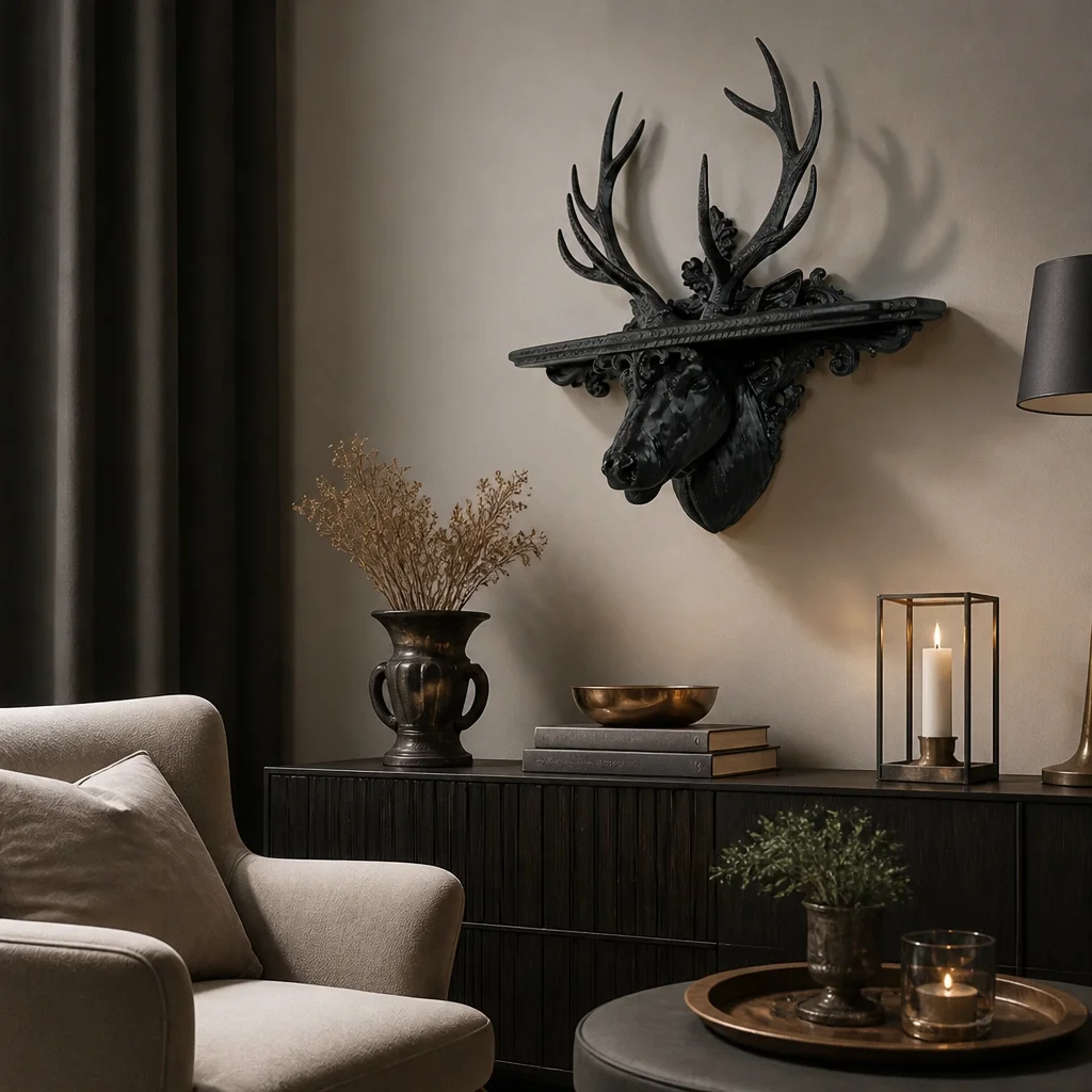Black Baroque Stag Head Wall Shelf, Ornate Carved Deer Antler Wall Mount Display Rack, Gothic Vintage Resin Wall Sculpture for D