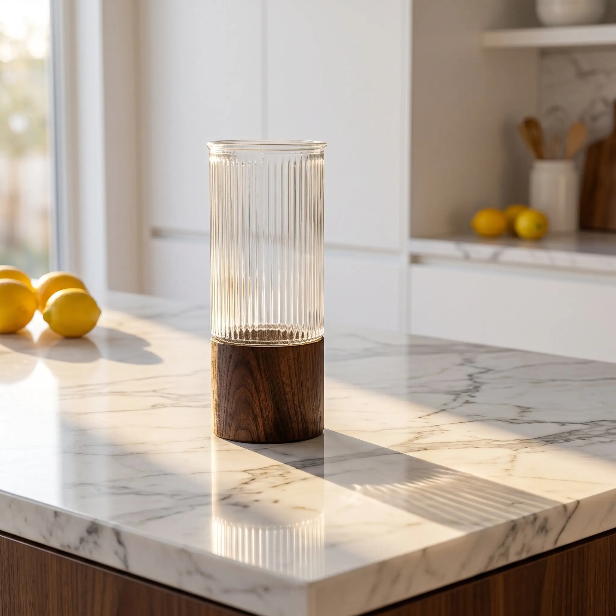 Striped Glass Vase Wooden Base Modern Minimalist Table Decor Hydroponic Planter Propagation Station Flower Vase Decor