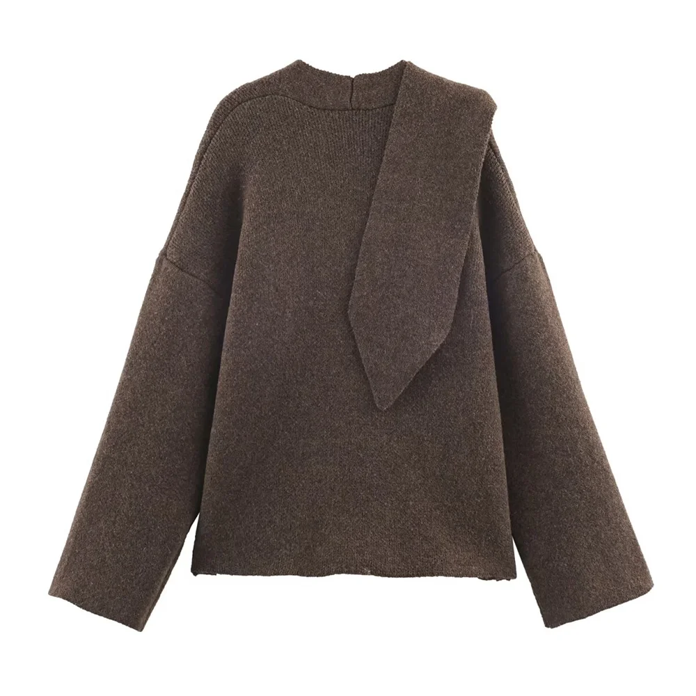 Invierno nuevo diseño suelto de moda Casual para mujer con bufanda cuello redondo suéter de punto de manga larga