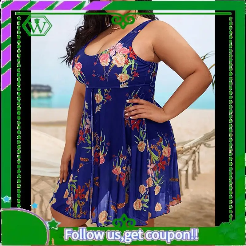 

A18P-Women's Plus Size U Neck Printed Tummy Control Side Split Swim Dress 2025 Summer Tankini Swimsuits