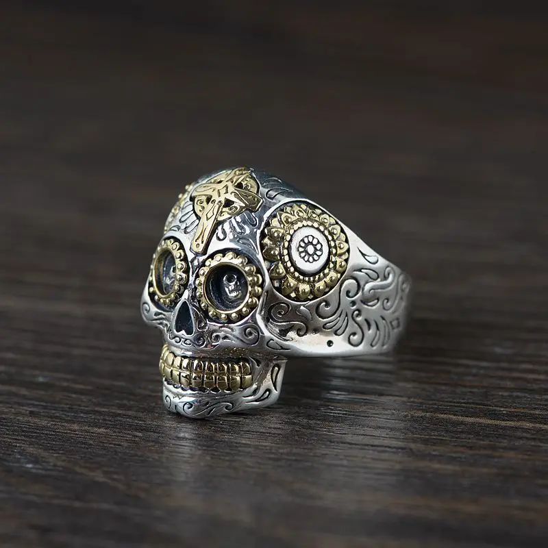 Real Solid 925 Sterling Silver Sugar Skull Rings For Men Mexican Rings Retro Gold Color Cross Sun Flower Engraved Punk Jewelry