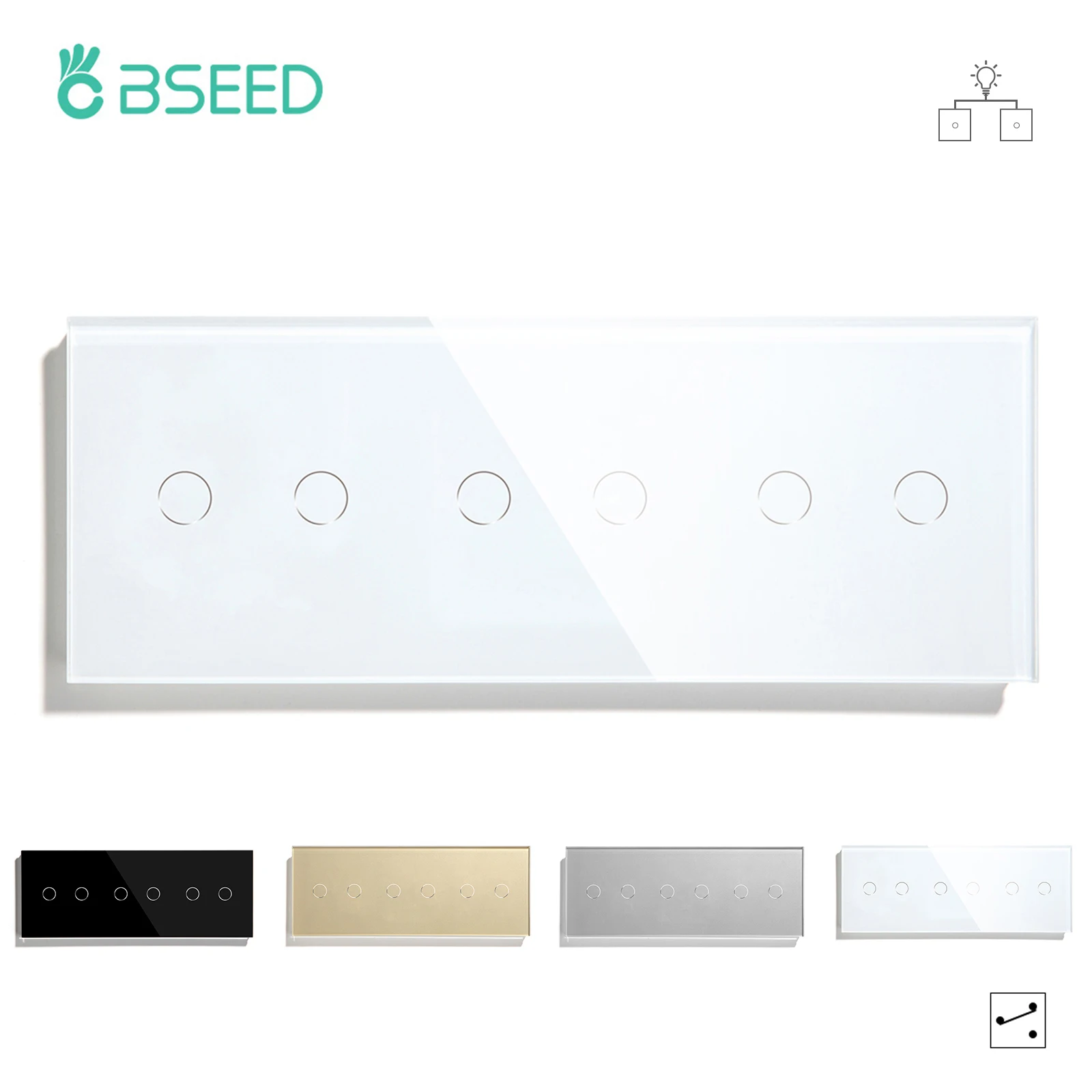 BSEED EU Standard 2Way Touch Wall Switch Luxury 6Gang Wall Switch Glass Panel Touch Light Switch Black White Gold Dark Backlight