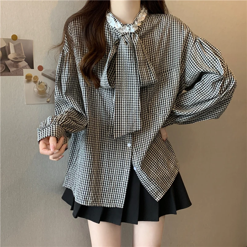 Elegant Bow Chiffon Shirt Women Chiffon Korean Vintage Lantern Sleeve Blouse Spring Fall Office Lady Korean Loose Thin Tops