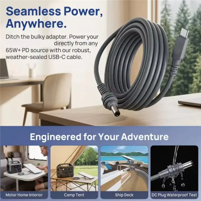 3CGRO-Waterproof 5M DC To USB-C Power Cable For Starlink Mini 60W USB Type-C Input For Camping Boat