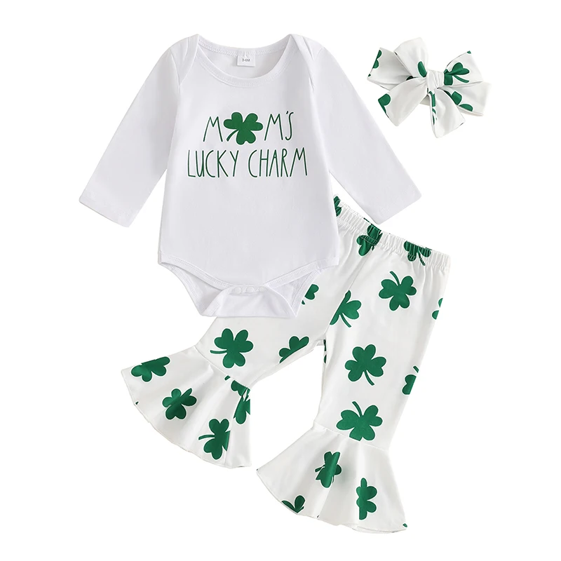 

Baby Girls 3Pcs Spring Outfits Long Sleeve Romper Shamrock Print Pants Hairband Set Newborn Clothes